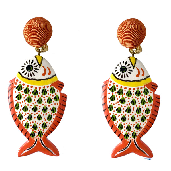 Caspia Small Fish- Hand Painted Natural wood Orange